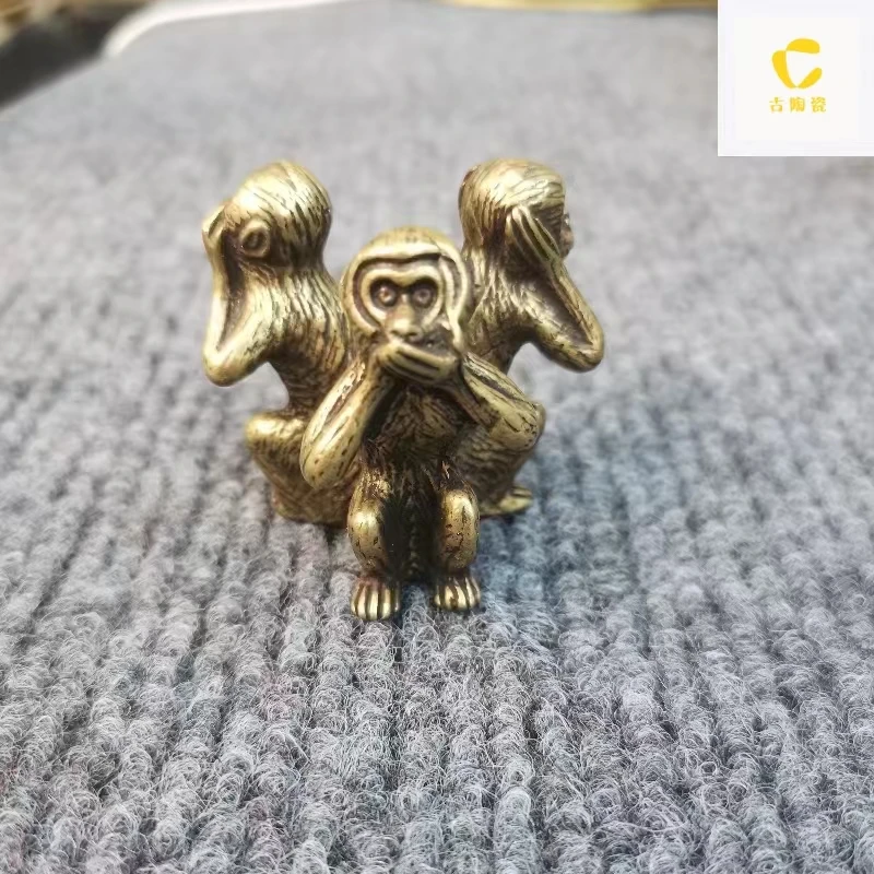纯黄铜三不猴摆件手工雕刻精致百搭挂饰精美把玩金属工艺品收藏品