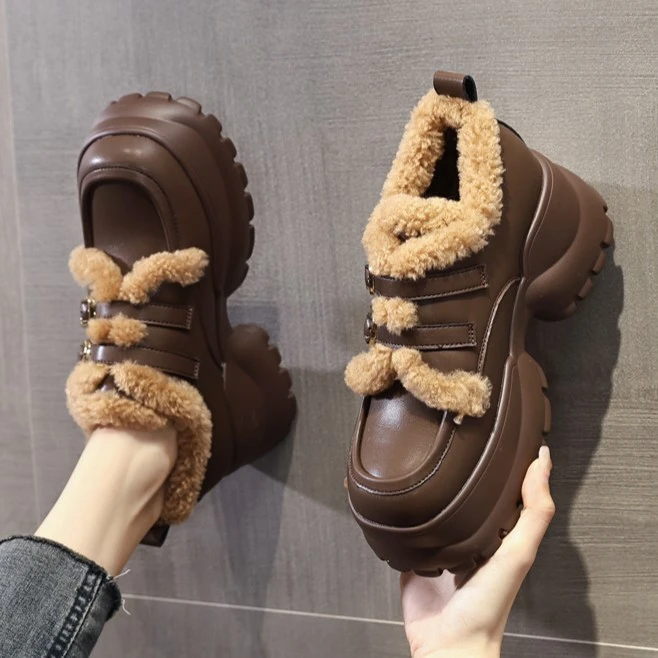 增高8cm厚底乐福鞋女2023冬季新款加绒保暖百搭内增高外穿小皮鞋
