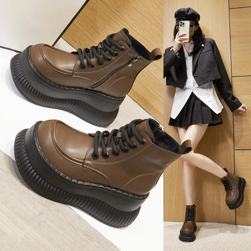 厚底马丁靴女2025秋冬新款百搭中筒加绒保暧增高小个子时尚短靴子