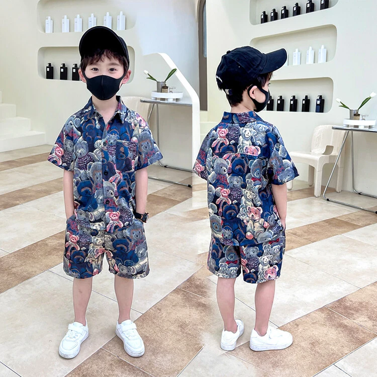H910（亲子装）男童夏装套装中大童两件套冰凉小熊薄款短袖动漫童装