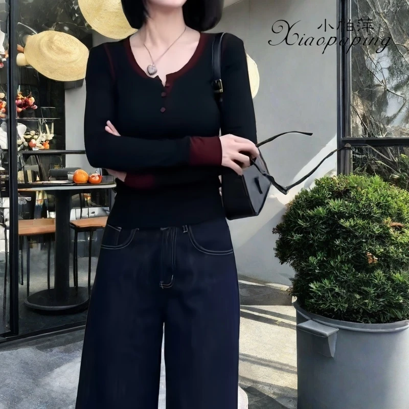 精棉2025秋季新款时尚t恤女气质简约撞色半开领修身百搭长袖上衣