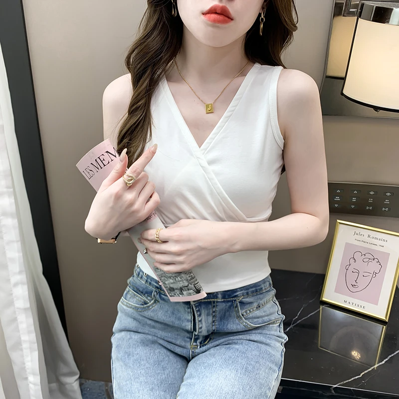 黑色v领吊带背心女内搭短款2024螺纹棉t恤女无袖露脐外穿上衣夏