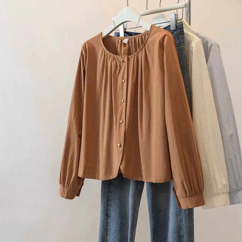 2025秋季新款韩版简约百搭圆领单排扣宽松休闲长袖衬衫上衣小衫女