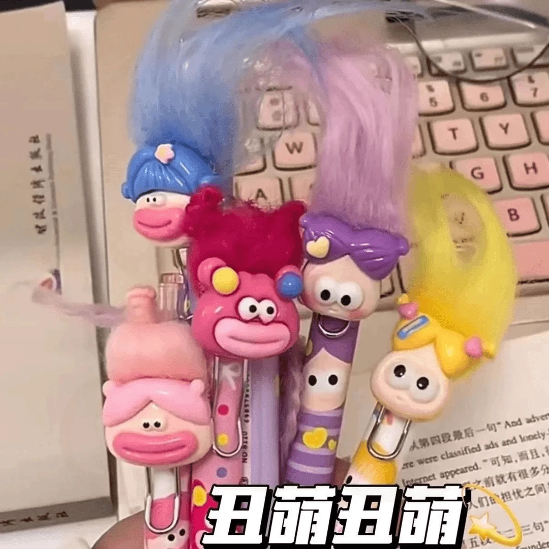 0.5mm中性笔炸毛萌开学炸毛款大嘴娃娃按动水笔黑色卡通可爱速干