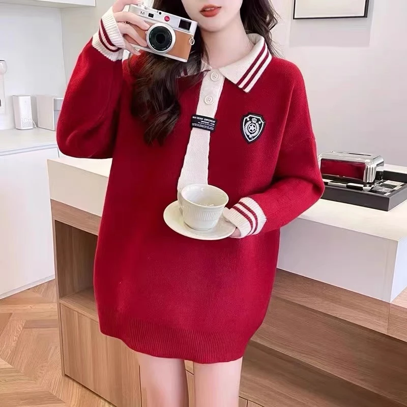 欧货红色中长款毛衣女秋冬新款爆款加厚针织衫宽松减龄洋气学院风