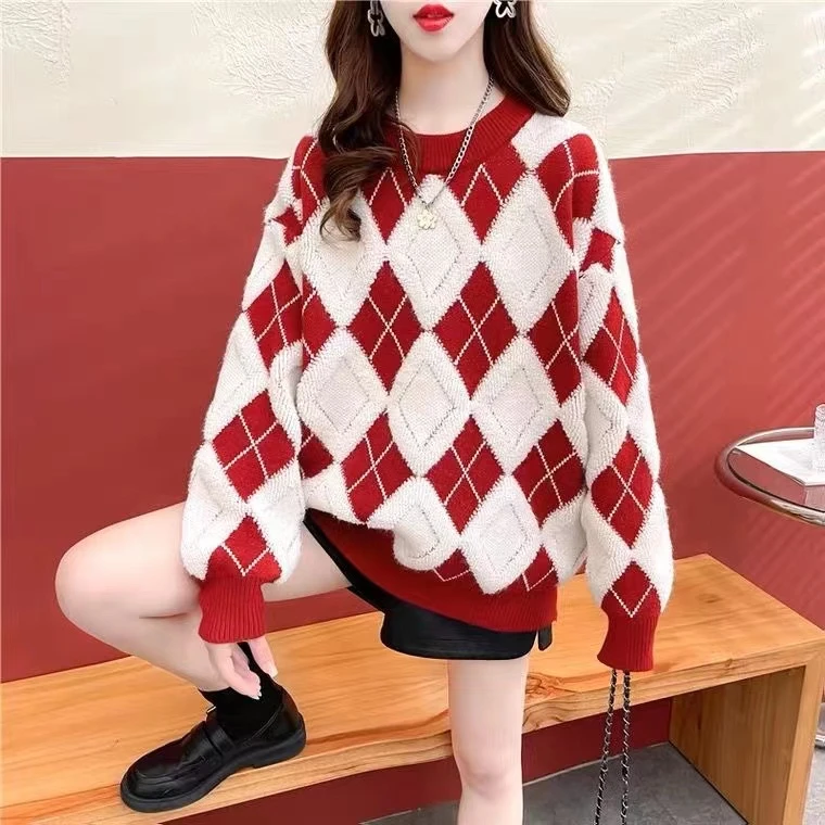 植绒菱形格针织衫韩版洋气上衣毛衣针织衫秋冬宽松百搭时尚套头