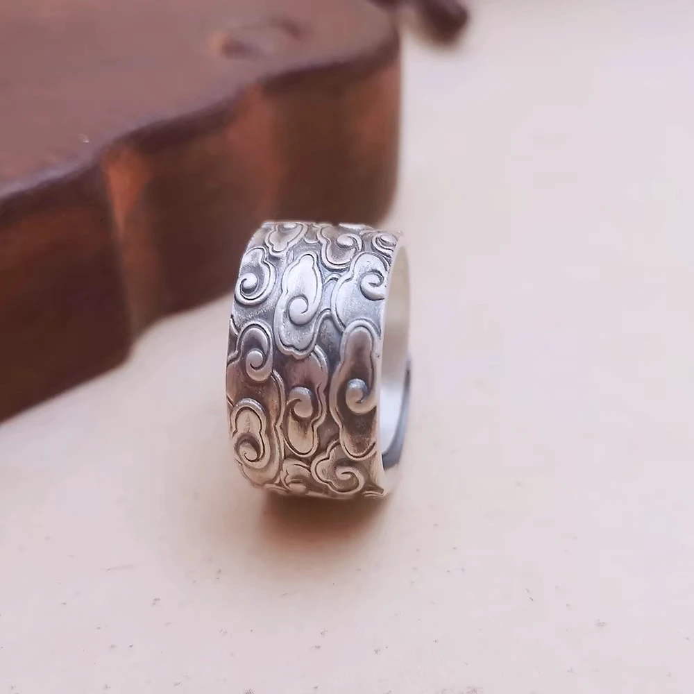 足银戒指 足银（浮雕宽云涌戒指）纯银男个性复古云纹女民族风戒指