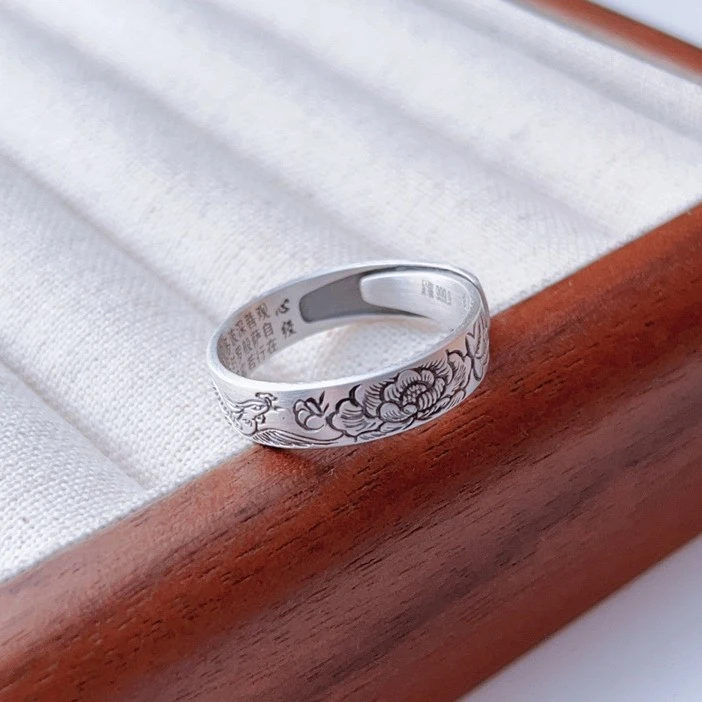 足银戒指 足银9999（凤穿牡丹戒指）复古时尚女款做旧民族风古法戒