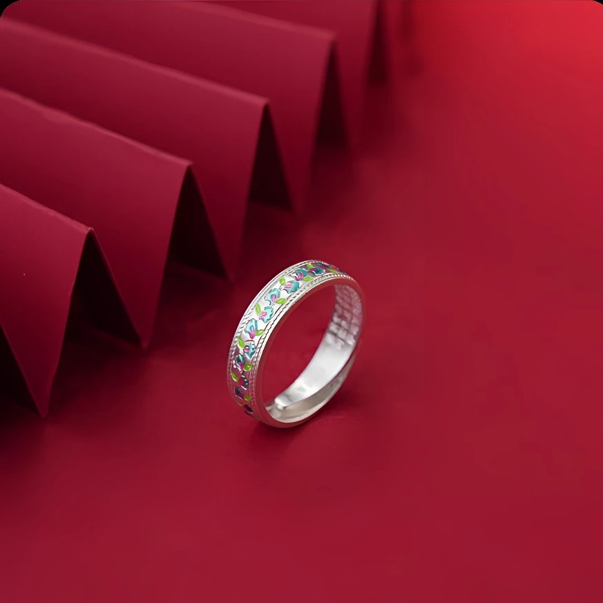 足银珐琅戒指 （珐琅杏叶藤心经戒指）设计款小众精致简约首饰礼物