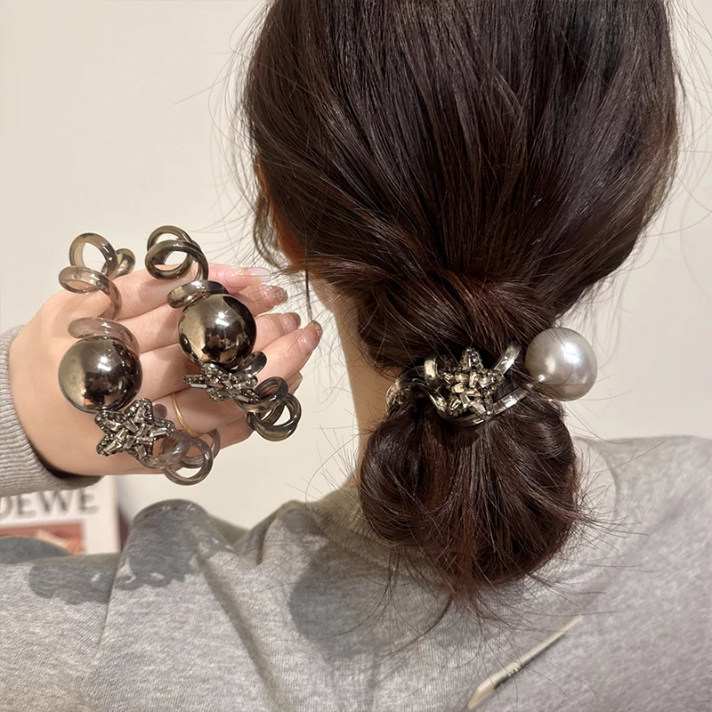 水钻星星电话线发圈女丸子头2025新款发绳气质马尾珍珠橡皮筋头饰