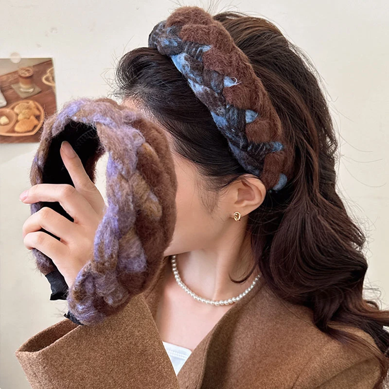 显脸小毛绒麻花头箍网红手工编织气质小香风六股辫发箍宽边发捆