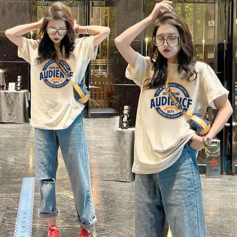 2025新款纯棉短袖t恤女夏季韩版oversize宽松印花中长款女士上衣