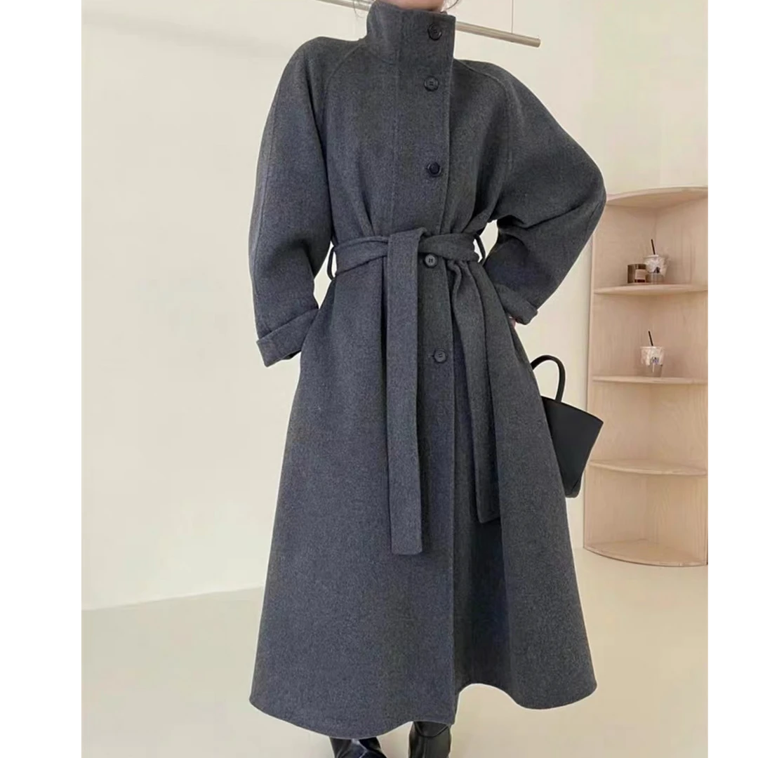 时尚立领毛呢大衣女韩系简约风衣复古小众设计毛呢外套双面呢大衣