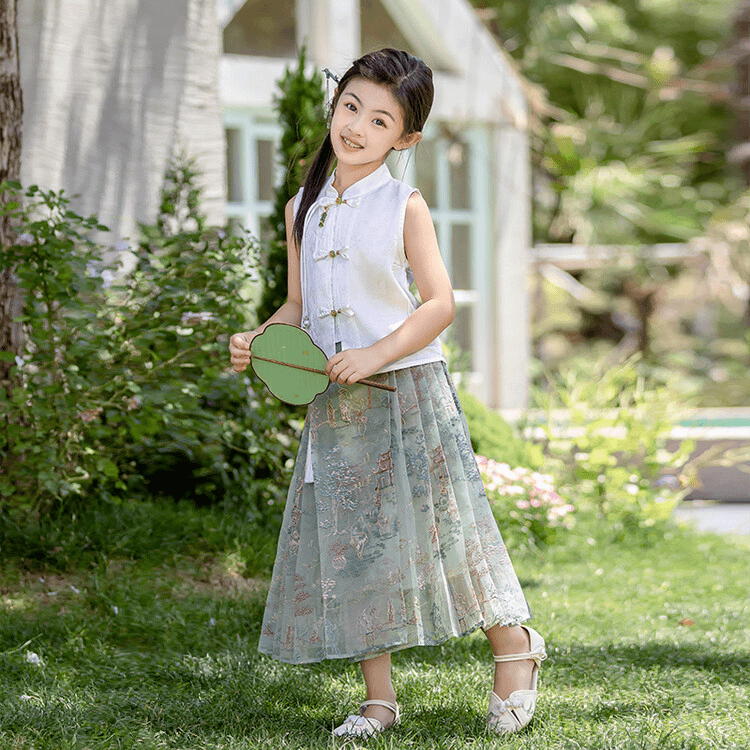 儿童马面裙女童刺绣夏季薄款套装女孩无袖洋气汉服新中式潮新款