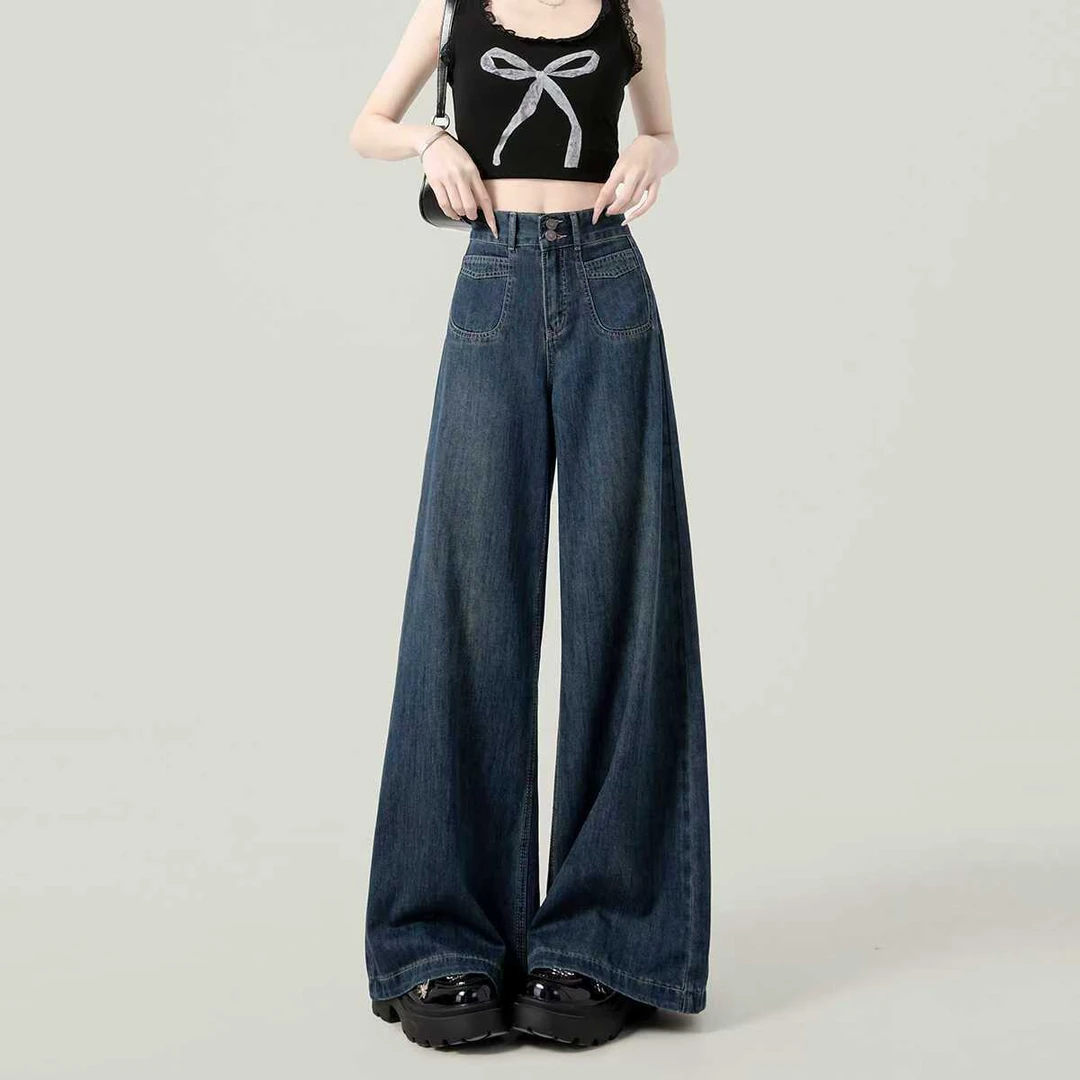 2024秋季新款大阔腿牛仔裤女装高腰百搭宽松直筒窄版垂感拖地裤潮