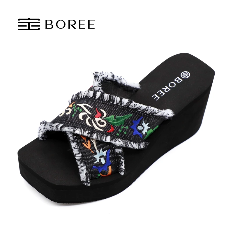 Boree/宝人休闲夏季厚底高跟潮流时尚一字拖女士防滑坡跟百搭外穿