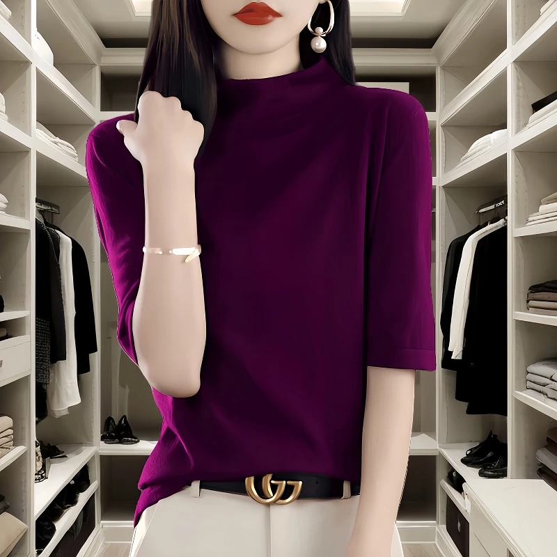 春秋薄款半高领针织打底衫女新款冬季毛衣五分袖洋气中袖内搭上衣