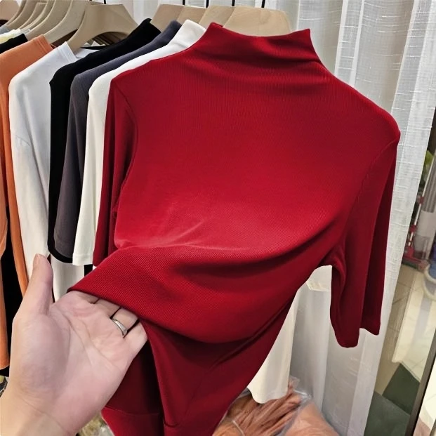 大码气质打底衫女春秋冬内搭修身中袖红色上衣轻熟风半高领针织衫
