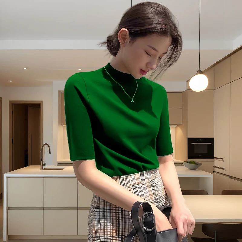 大码中袖半高领针织衫春秋毛衣内搭五分袖修身打底衫百搭上衣女潮