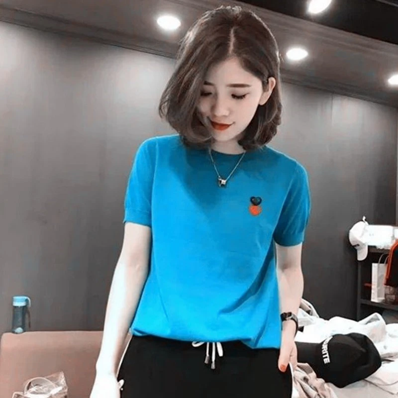 大码女装胖mm冰丝针织衫薄款短袖T恤女遮肚子上衣宽松打底衫夏季