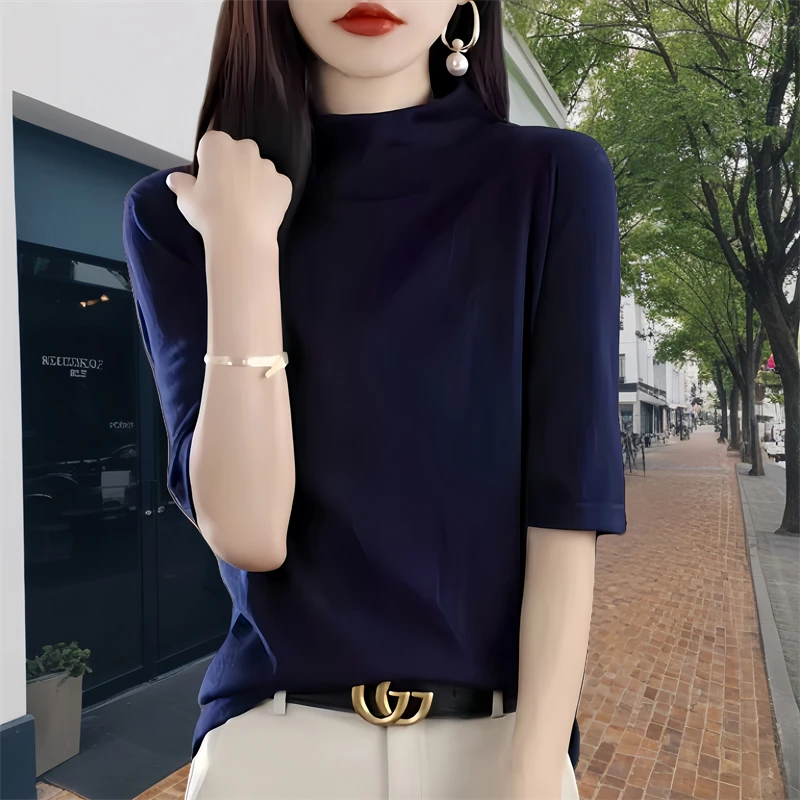 大码春秋季半高领中袖针织打底衫女五分袖修身薄款毛衣内搭上衣潮