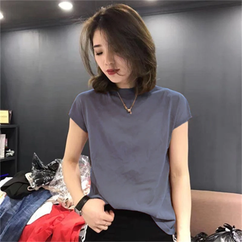 夏季2025欧货冰丝短袖针织薄款宽松t恤女修身无袖上衣复古打底衫