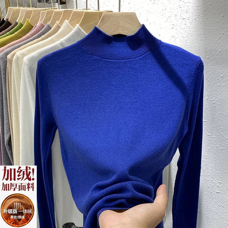 大码针织衫女半高领打底衫内搭秋冬加绒毛衣一体绒高级感春装上衣