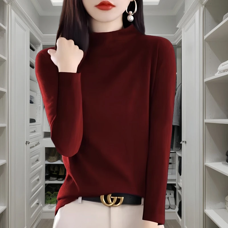 半高领打底衫秋冬内搭洋气毛衣大码女装新款针织衫中领黑色上衣薄