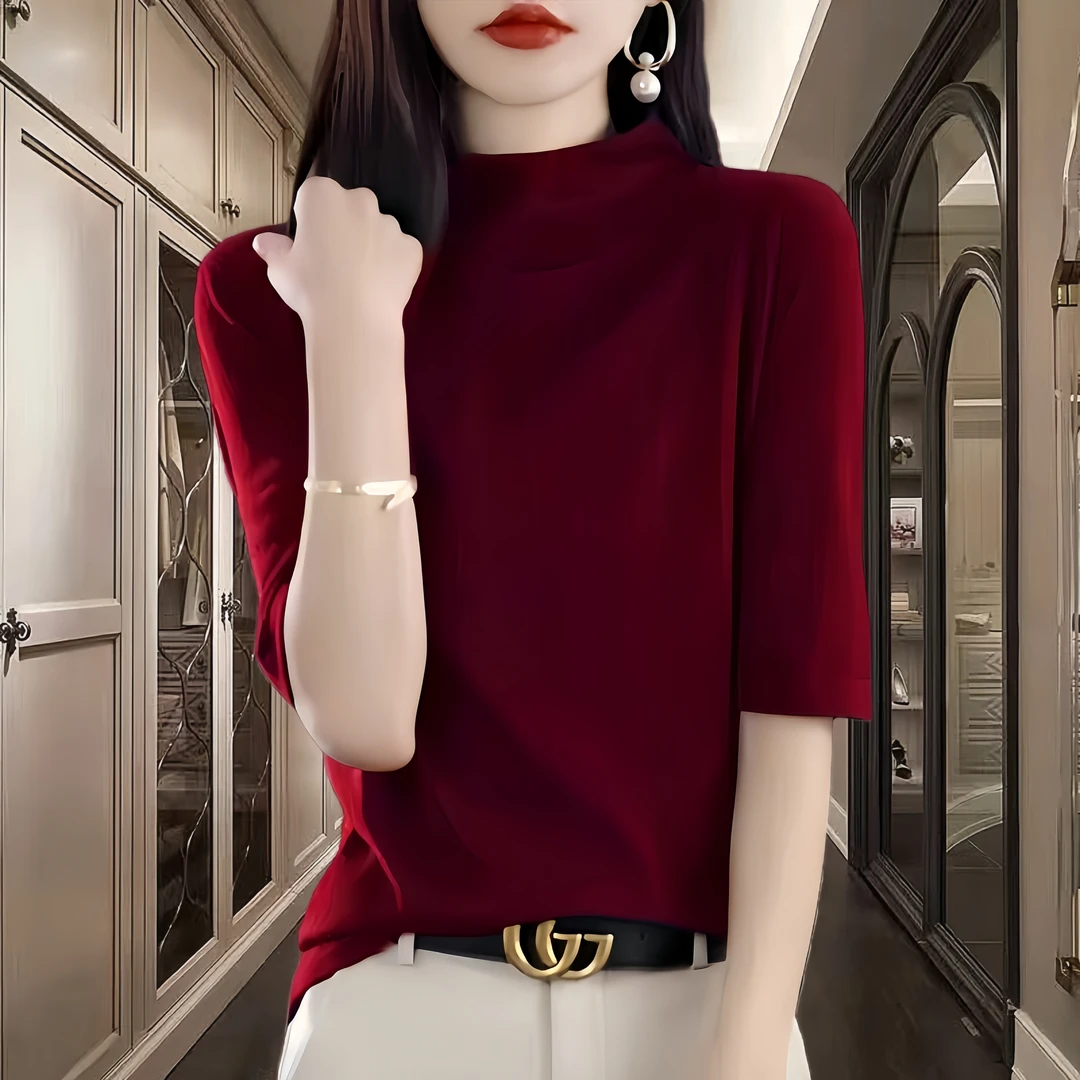 大码打底衫女春秋冬半高领中袖t恤洋气盛红针织衫五分袖气质上衣