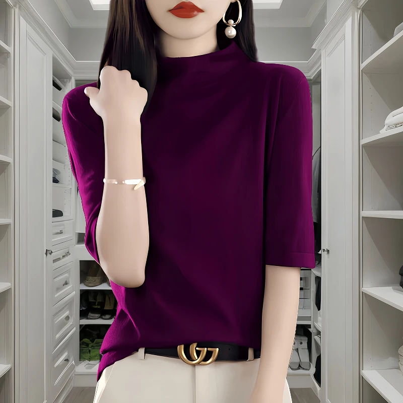 品牌打底衫女春秋薄款宽松中袖T恤上衣洋气新款轻熟风紫色针织衫