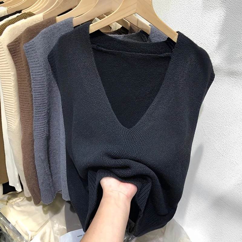 黑色V领针织无袖马甲外套秋冬毛绒女装宽松百搭马夹慵懒大码上衣