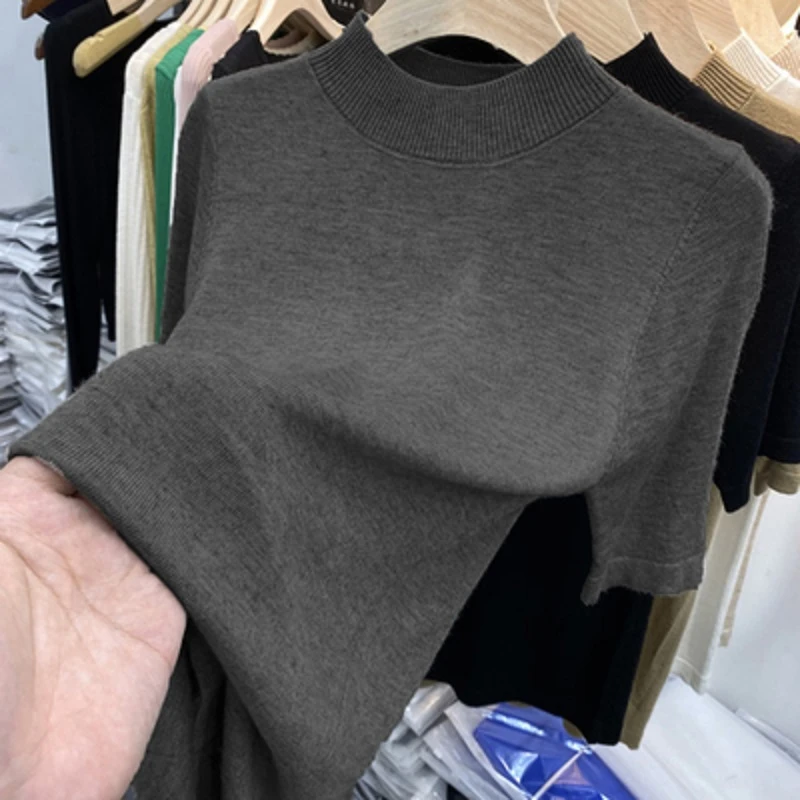 大码中袖秋冬洋气半高领打底衫t恤女内搭五分袖百搭针织衫深灰色