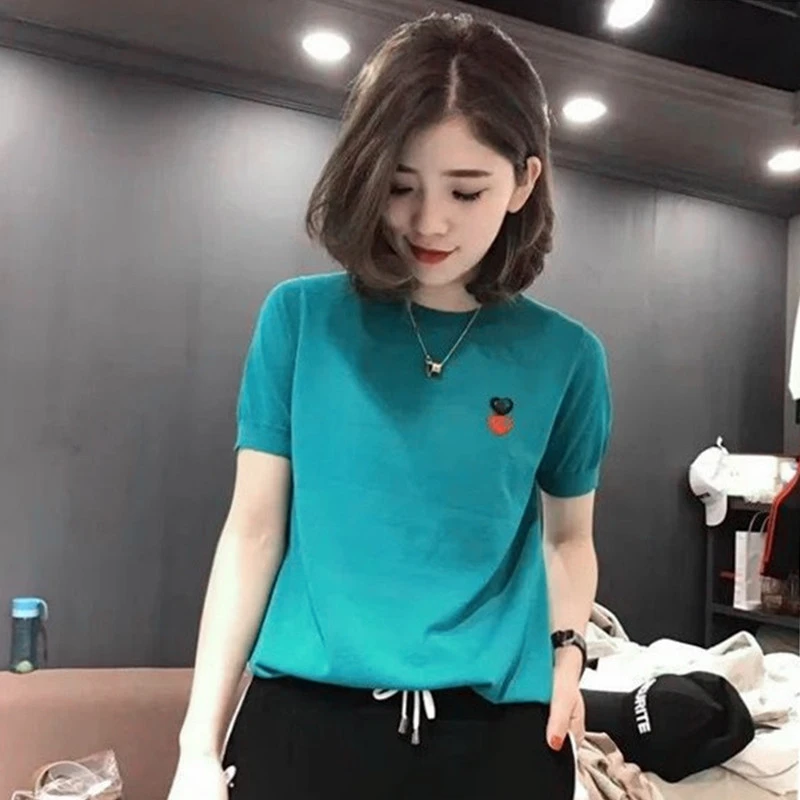 欧洲站短袖T恤女夏季2025新款气质圆领爱心冰丝针织薄款打底衫潮