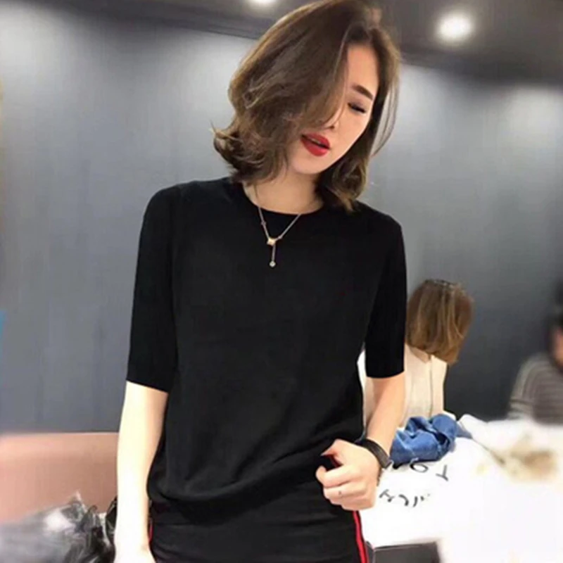 黑色中袖上衣春秋2025大码女装胖mm毛针织衫显瘦毛衣五分袖打底衫