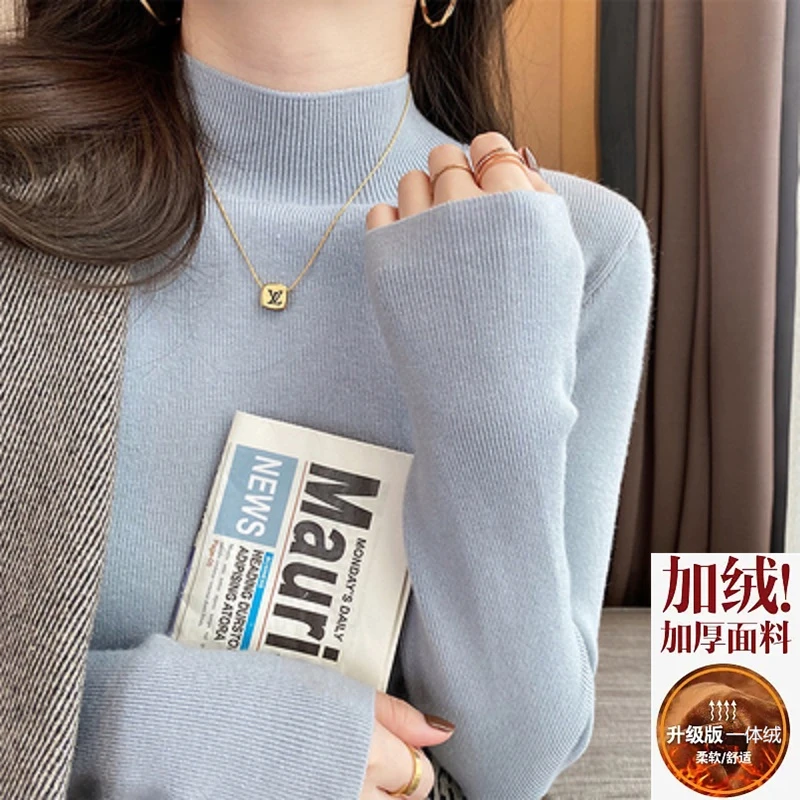 秋冬加绒加厚大码一体绒打底衫半高领毛衣女春装针织洋气内搭上衣