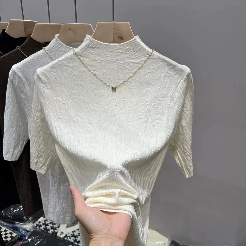 打底衫女秋冬毛绒肌理洋气半高领中袖针织衫女修身内搭五分袖上衣