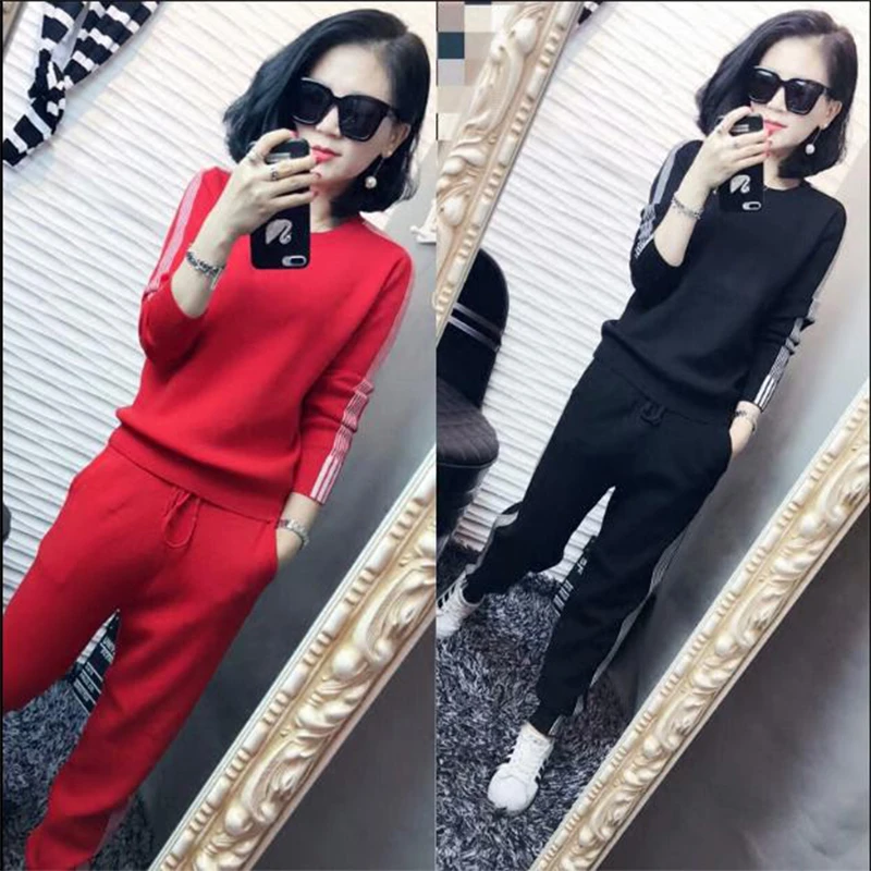 欧洲站套装2025秋冬毛衣针织运动衫套装女装显瘦休闲裤两件套时尚