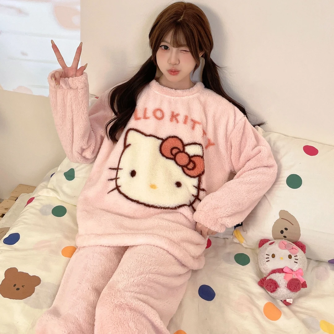 冬季新款甜美kt猫卡通圆领珊瑚绒睡衣女加绒加厚保暖家居服可外穿