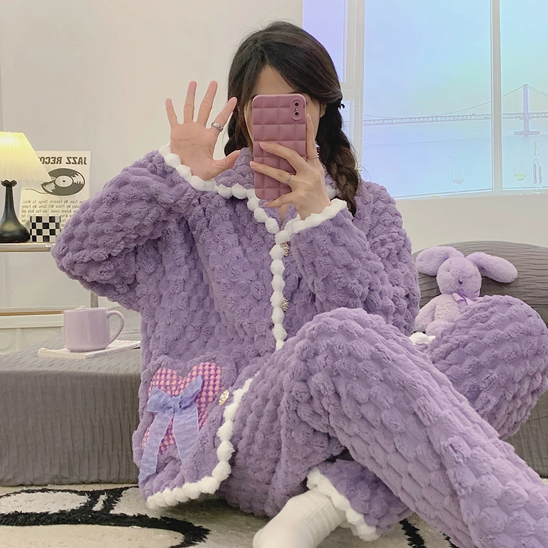 法兰绒紫色小香风冬季新款睡衣女加绒加厚保暖舒适珊瑚绒家居服