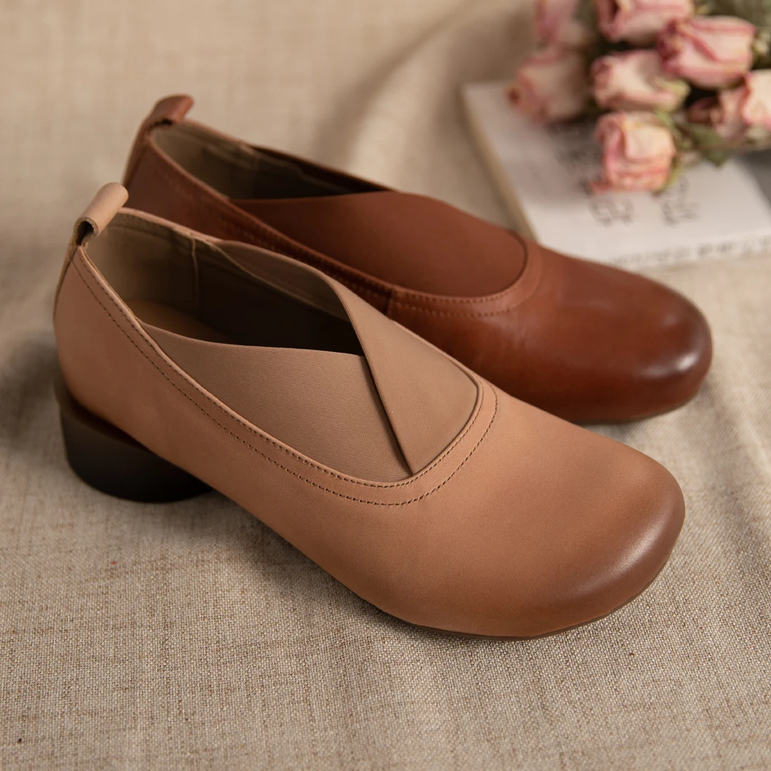 【本来家】文艺百搭圆头坡跟增高单鞋女复古浅口休闲皮鞋4614