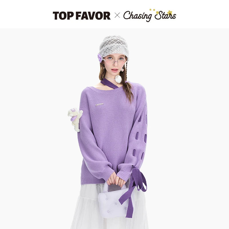 TOP FAVOR【绮梦花语】毛衣女春款慵懒风宽松绑带设计感针织上衣