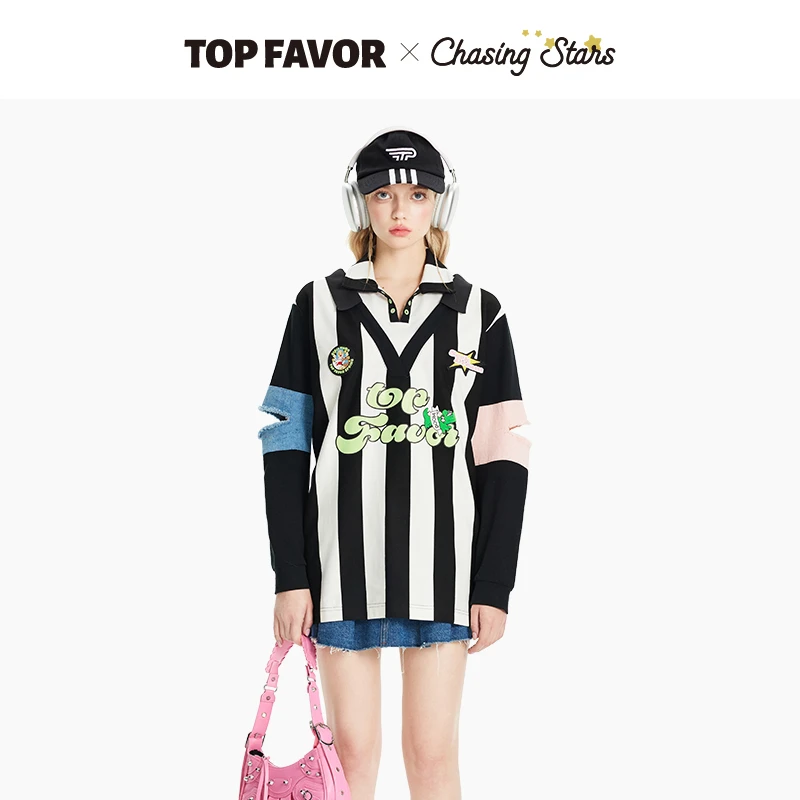TOP FAVOR【条纹竞技】【张雅钦同款】 春款宽松拼接牛仔撞色复古长袖