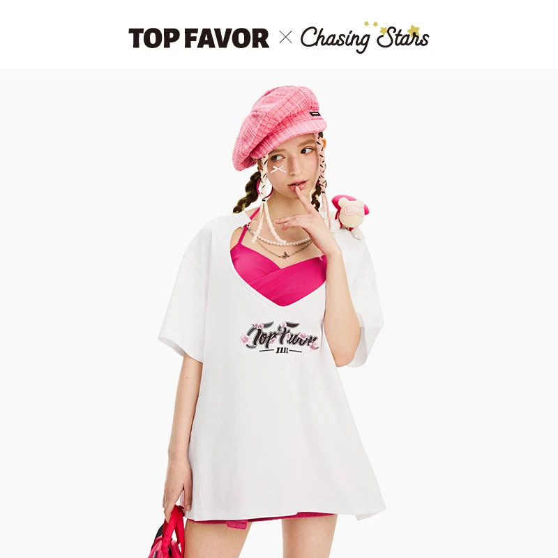 TOP FAVOR【桃沫轻语】2025夏季新款大V领女T恤内搭挂脖吊带套装