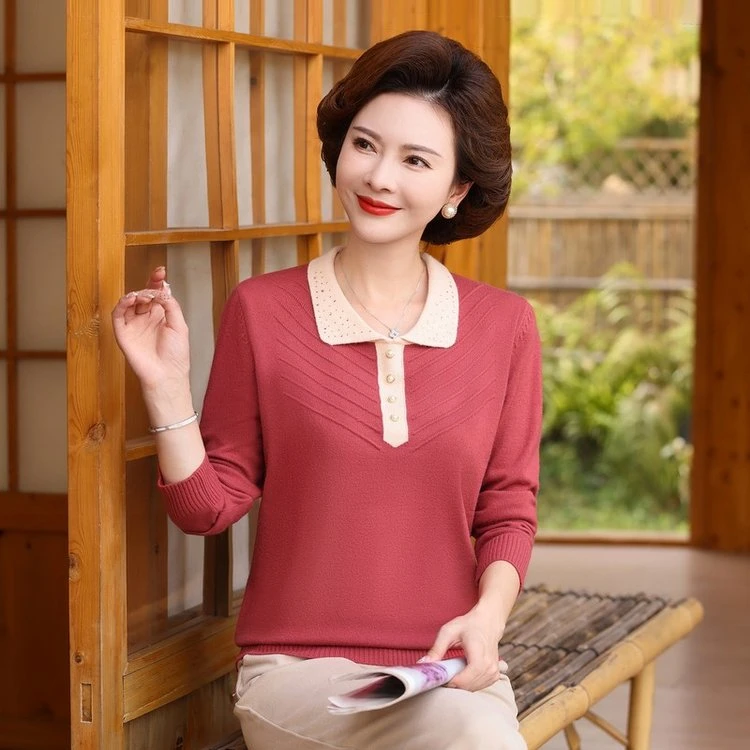 中老年女装妈妈装2024春秋新款高品质毛衣针织衫翻领洋气