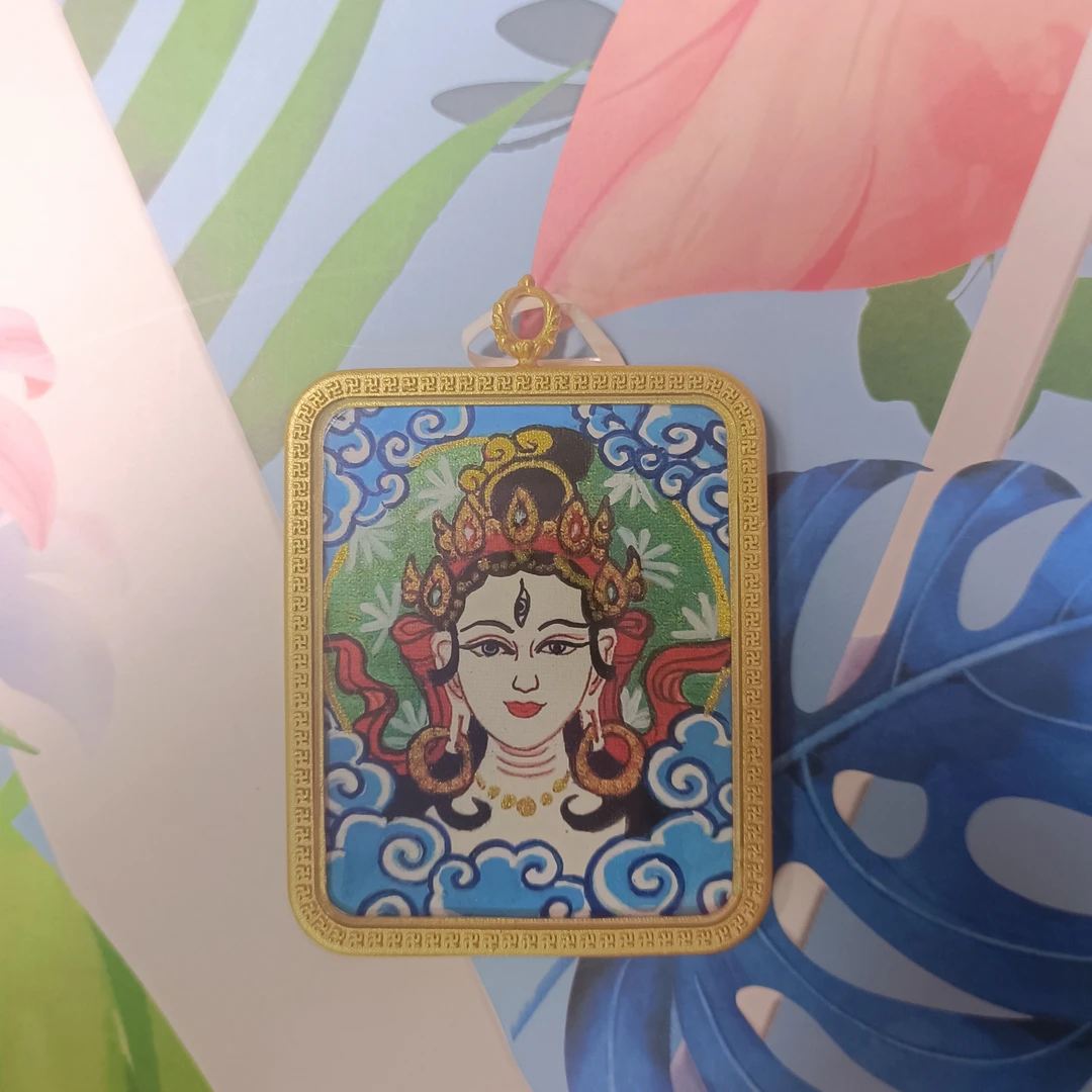 黄铜布艺吊坠 绿度母白度母单面唐卡吊坠纯手工复古时尚