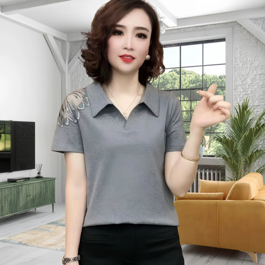 夏季针织时尚百搭休闲显瘦气质翻领洋气宽松纯色修身女士上衣