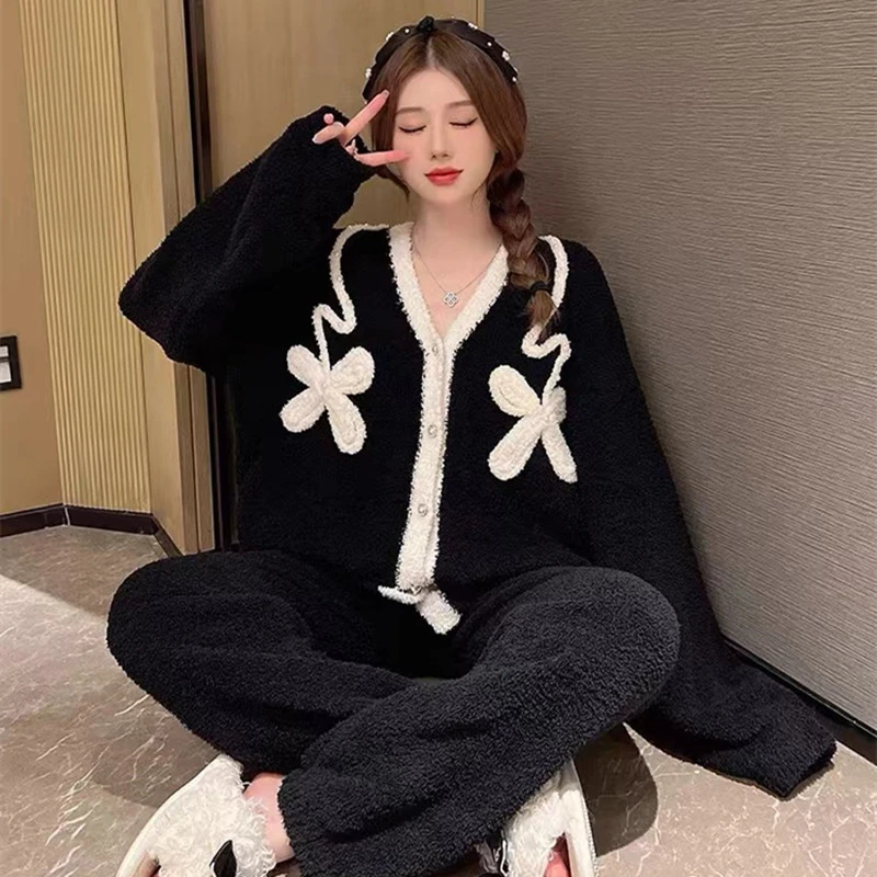 秋冬季女士睡衣2024新款半边绒可外穿加厚保暖网红家居服两件套装