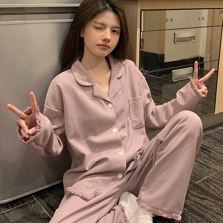 秋冬纯棉睡衣女学生高颜值洋气长袖保暖大码家居服女冬可外穿套装