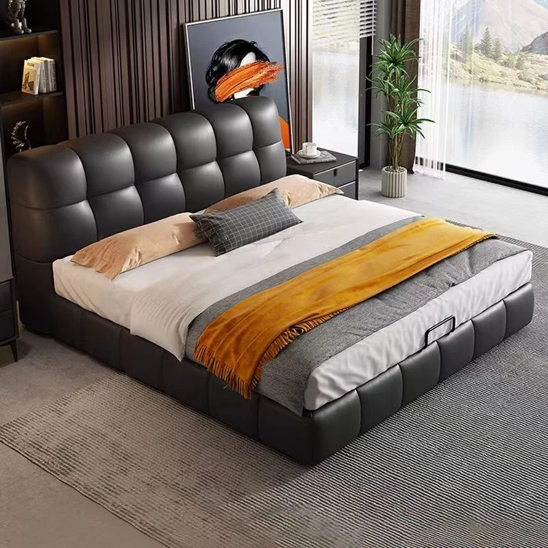 新款真皮现代泡芙床复古奶油风主卧双人床意式极简储物高箱大床 。