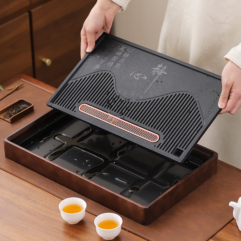 新中式茶盘家用茶具托盘沥水小型干泡台小茶台蓄排水茶海内嵌实木